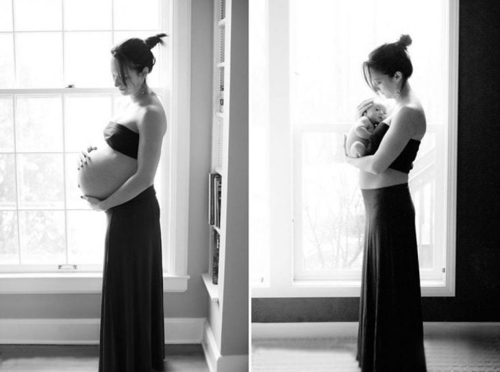 Chica frente a la ventana sosteniendo su panza y después a un bebé 