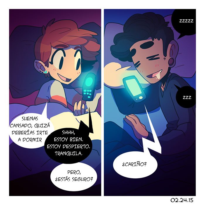 Cómic de una pareja a larga distancia hablando por teléfono antes de dormir