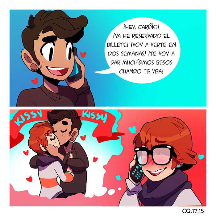 Cómic de una pareja a larga distancia hablando por teléfono 