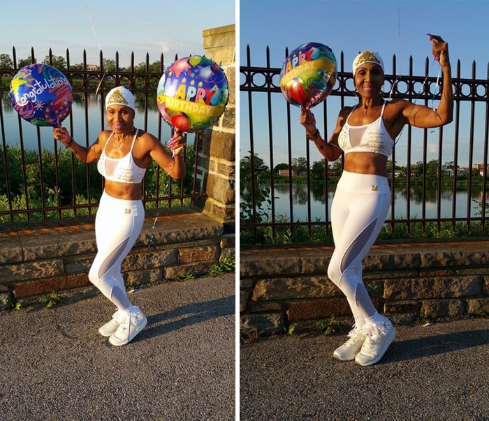 Ernestine Shepherd con globos de celebración 