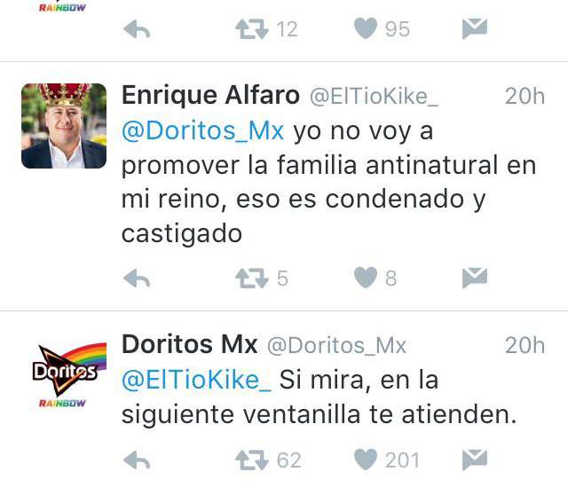 Tweet de respuesta de Doritos a Enrique Alfaro 