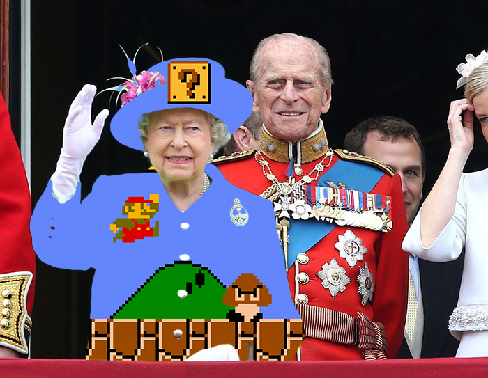 Reina Isabel vestida como el videojuego de Mario Bross