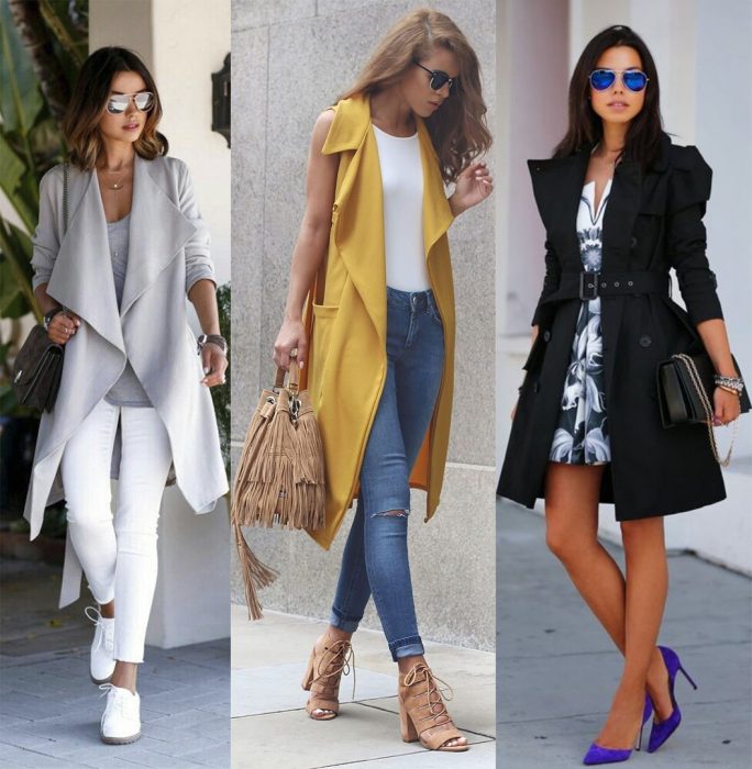 Chicas usando outfits que tienen gabardinas largas o trench coats