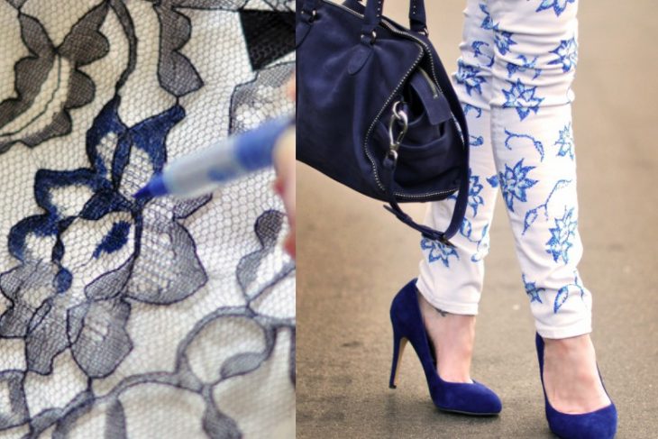 Pantalon blanco con decoracion de flores con encaja y pluma de tinta azul 