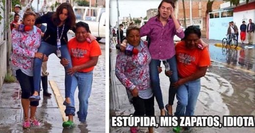 #LadyReportera: Cubre las inundaciones en Puebla y pide que la carguen para no mojarse los pies