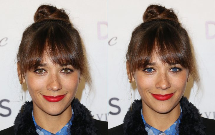 Rashida Jones con los ojos en color verde y luego en color azul 