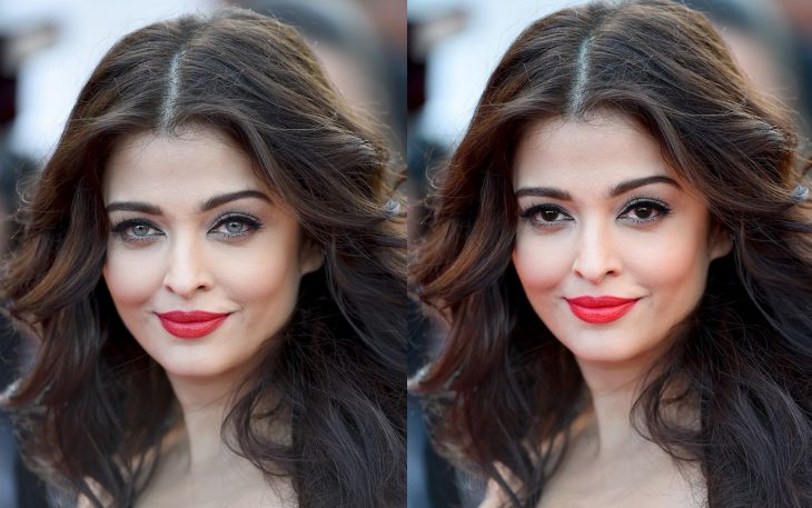 Aishwarya Rai con los ojos de color azul y luego los ojos de color verde 