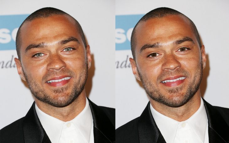 Jesse Williams con los ojos de color azul y después con los ojos de color verde 