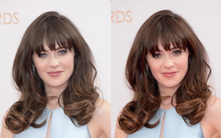 Zoey Deschanel con los ojos de color azul y luego cafe