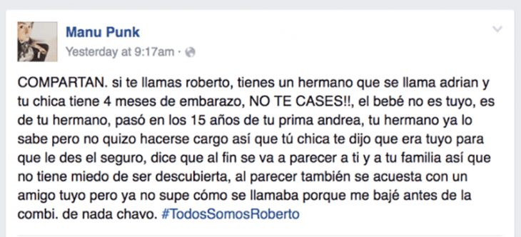 publicacion en facebook con hastagh #TodosSomosRoberto