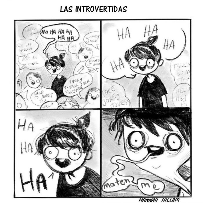 ilustración comic mujer introvertida en fiesta riendo 