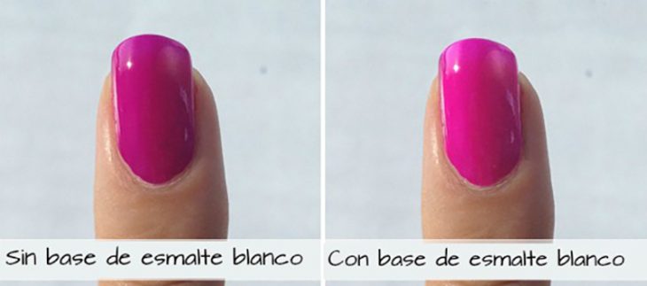 uñas de color rosa con y sin base de esmalte blanco