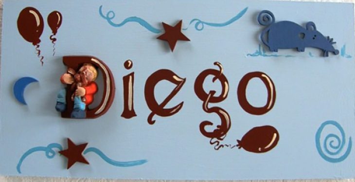 letrero azul con el nombre Diego y decoración azul de globos 