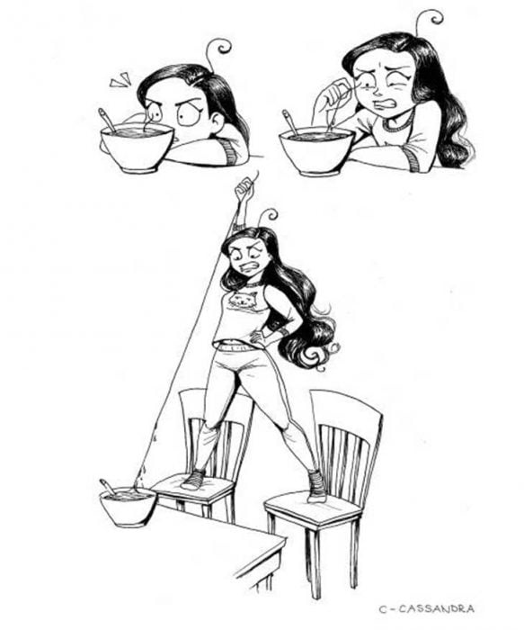 Ilustración de chica con el cabello largo sacándolo de la comida