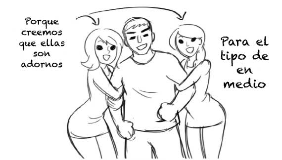 Cómic en donde se muestra a un chico siendo abrazado por dos chicas 