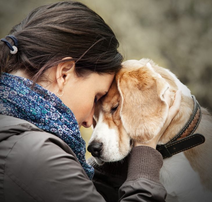 Chica abrazando a su perro mientras están en un parque 