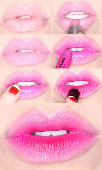 Chica con los labios en degradados de rosa 