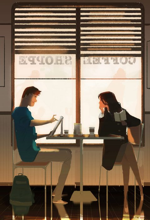 Ilustraciones que demuestran el amor verdadero. Pareja sentados en un café conversando 