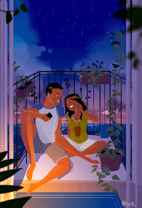 Ilustración de pareja escuchando música juntos 