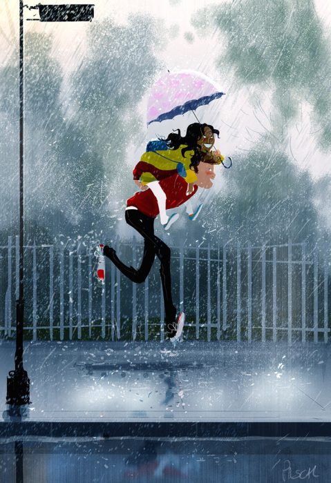 Ilustración de una pareja corriendo bajo la lluvia