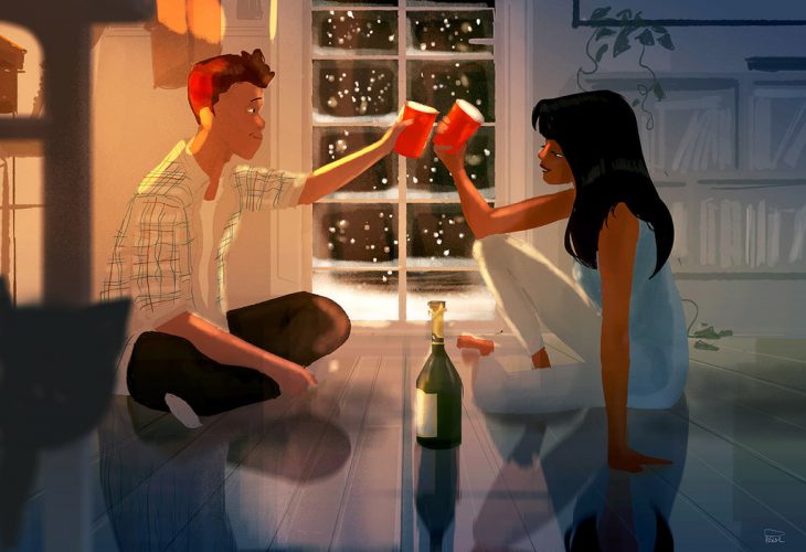 Ilustración de una pareja sentados en el suelo bebiendo vino 