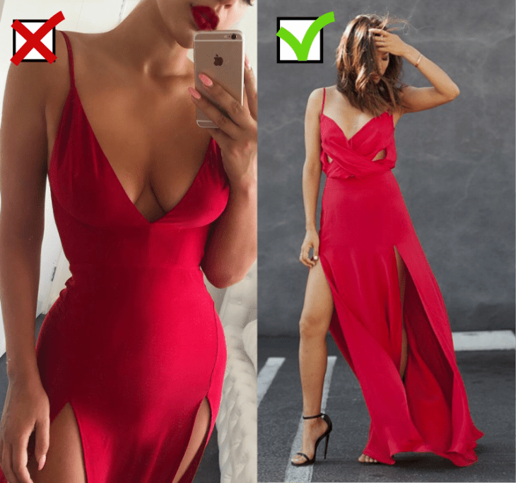 mujer vestido entallado con escote largo y mujer de cabello corto con vestido largo rojo