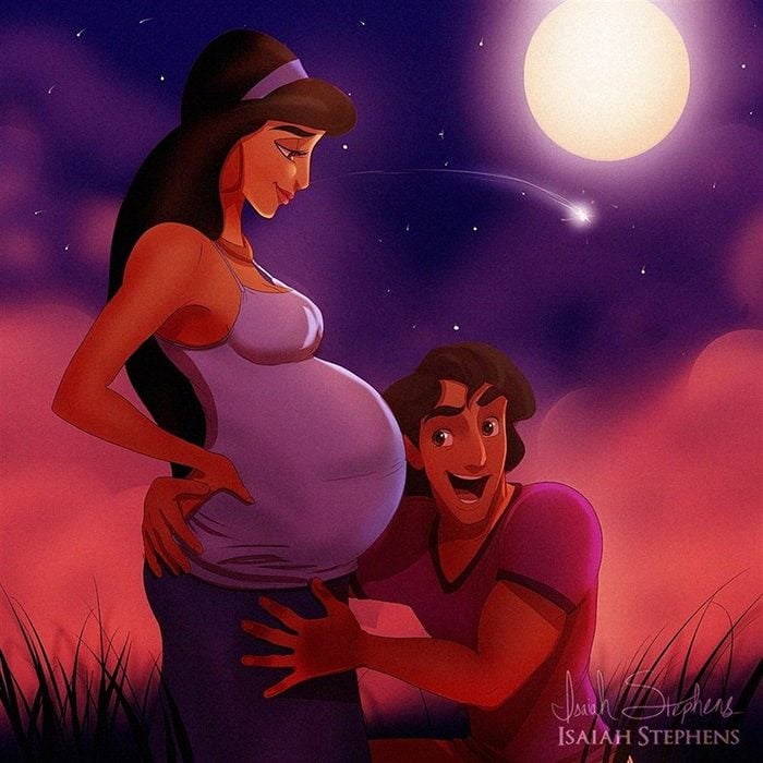 Ilustración de Jazmin de Aladino viendo su vientre de embrazao mientras la besan 