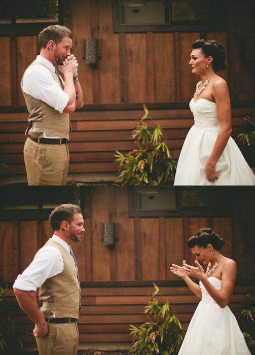 Novios llorando al verse durante la sesión de fotos 