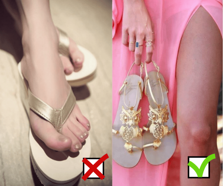 pies con sandalias doradas y vestido rosa con sandalias de buho