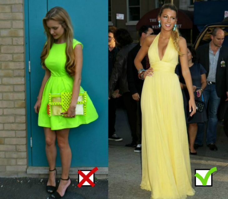 mujer con vestido corto color neon y vestido amarillo