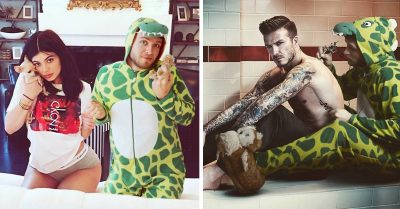 Este chico se disfrazó de dinosaurio y se incluye con Photoshop en las fotos de los famosos