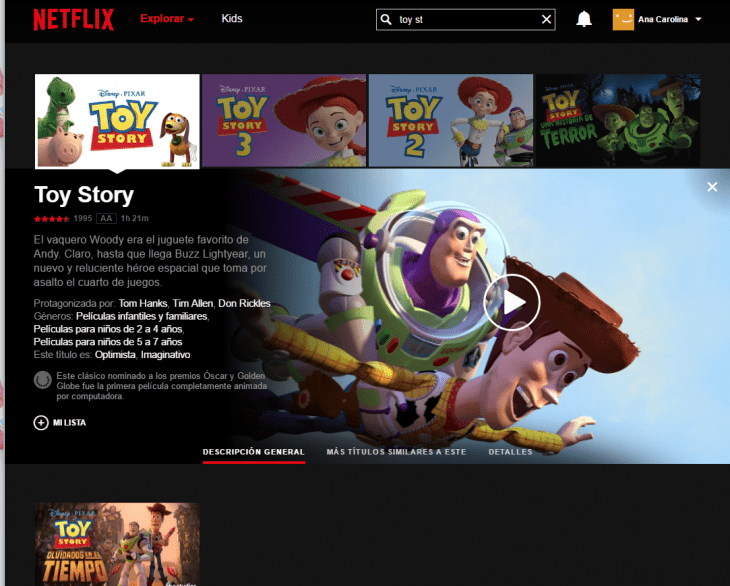 pantalla netflix pelicula de toy story