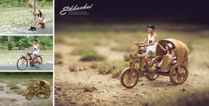 pareja en escenario miniatura con bicicleta en camino 