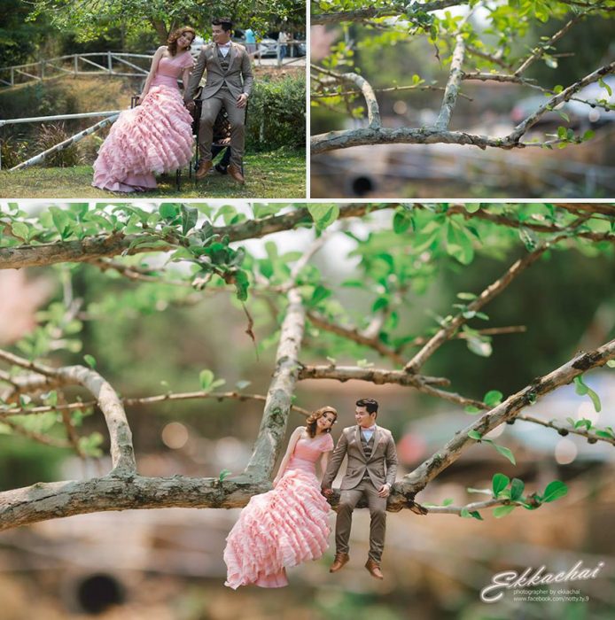 pareja en escenario miniatura ven una rama de un arbol 