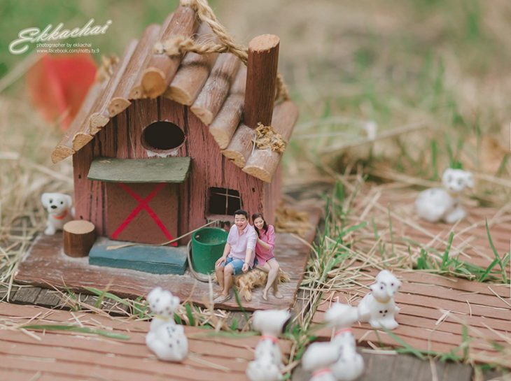 pareja en escenario miniatura con casa y perros 