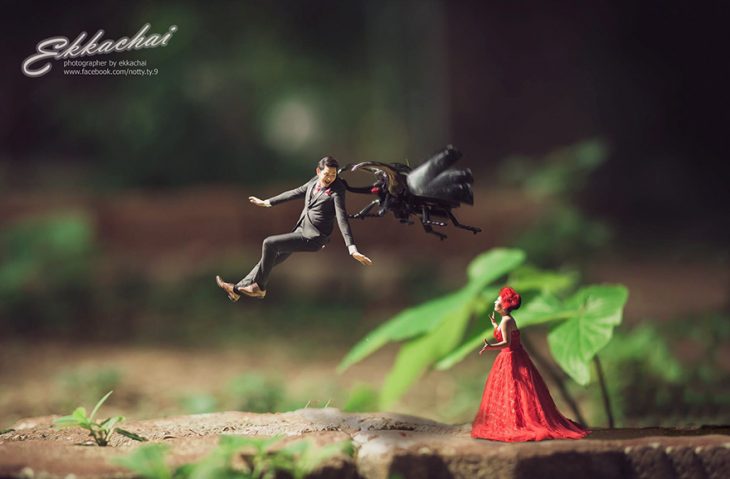 pareja en escenario miniatura bicho escarabajo y vestido rojo 