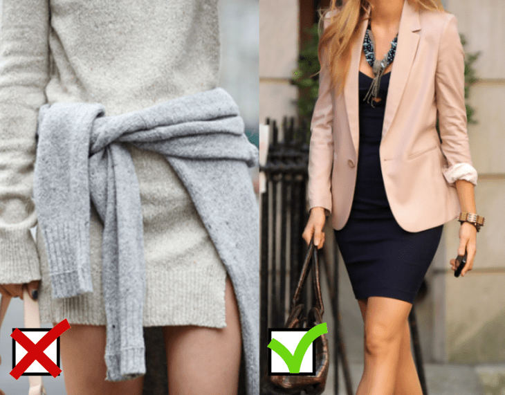 mujer de vestido blanco y sueter a la cintura y mujer con vestido azul y blazer