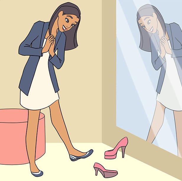 Ilustración de una mujer viendo sus zapatos al espejo. 