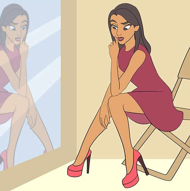 Ilustración de mujer mirando sus zapatos en el espejo. 