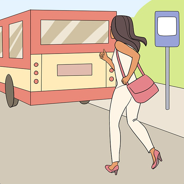 Ilustración de una mujer corriendo detrás del autobús. 