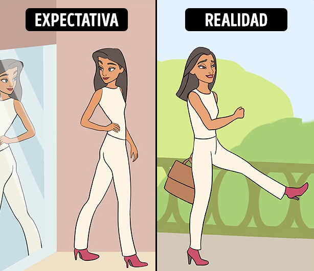 Ilustración de expectativa y realidad sobre la idea de usar tacones. 