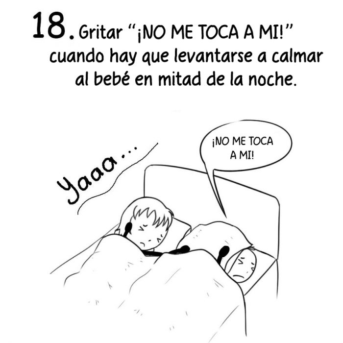 Comic de cosas que sólo los nuevos padres entienden. gritar a quien le toca cuidar al bebé 