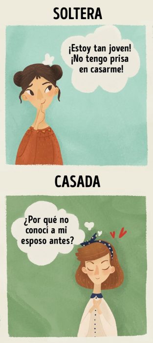 Ilustraciones que demuestran la diferencia entre estar casada y ser soltera 