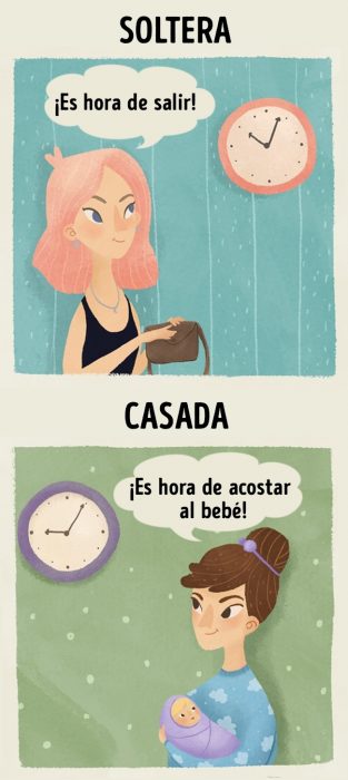 Ilustraciones que demuestran la diferencia entre estar casada y ser soltera 