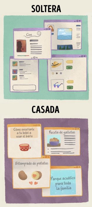 Ilustraciones que demuestran la diferencia entre estar casada y ser soltera 