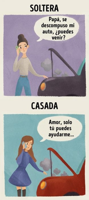 Ilustraciones que demuestran la diferencia entre estar casada y ser soltera 