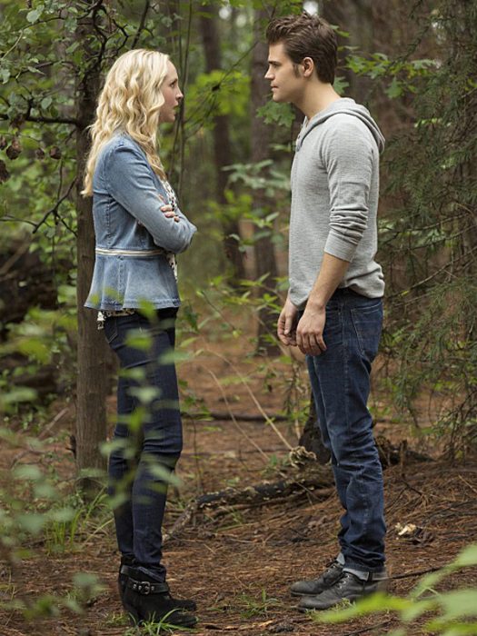 Escena de la serie the vampire Diares, stefan y caroline hablando en medio del bosque