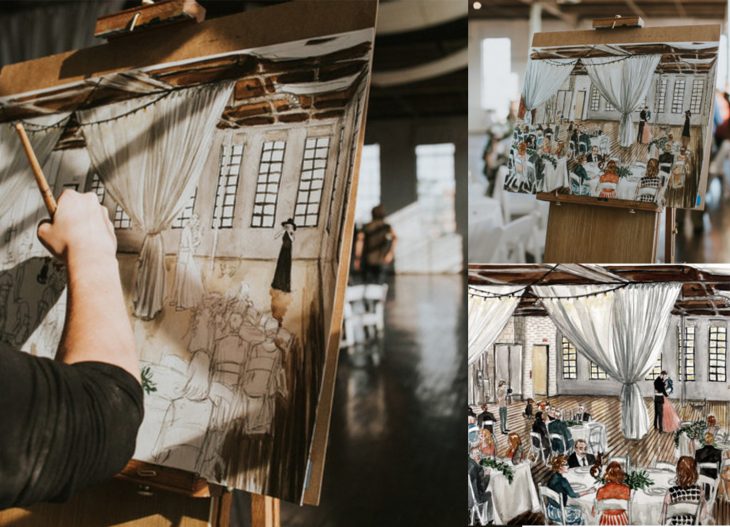 Artista pintando un cuadro durante la boda de una pareja