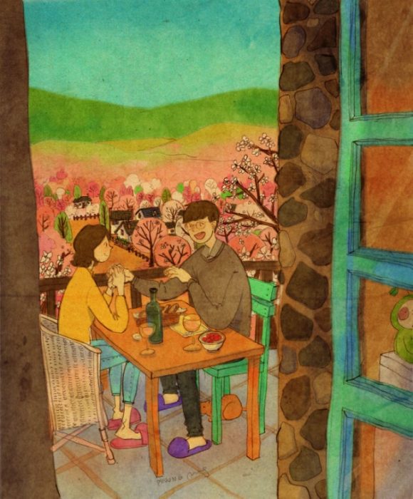 Ilustración de pareja comiendo en un restaurante 