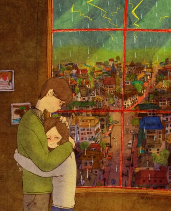 Ilustración de pareja abrazados viendo la lluvia 